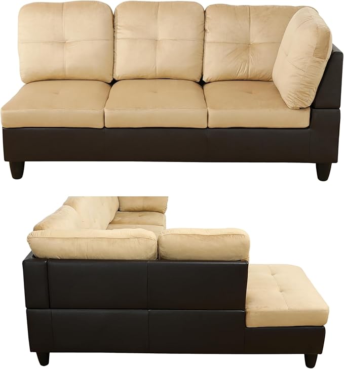 103.5 Inch Modern L-Shaped Couch Flannel Sectional Sofa with Chaise Lounge 4-Seater Couch with Accent Pillows for Living Room Apartment Beige and Brown