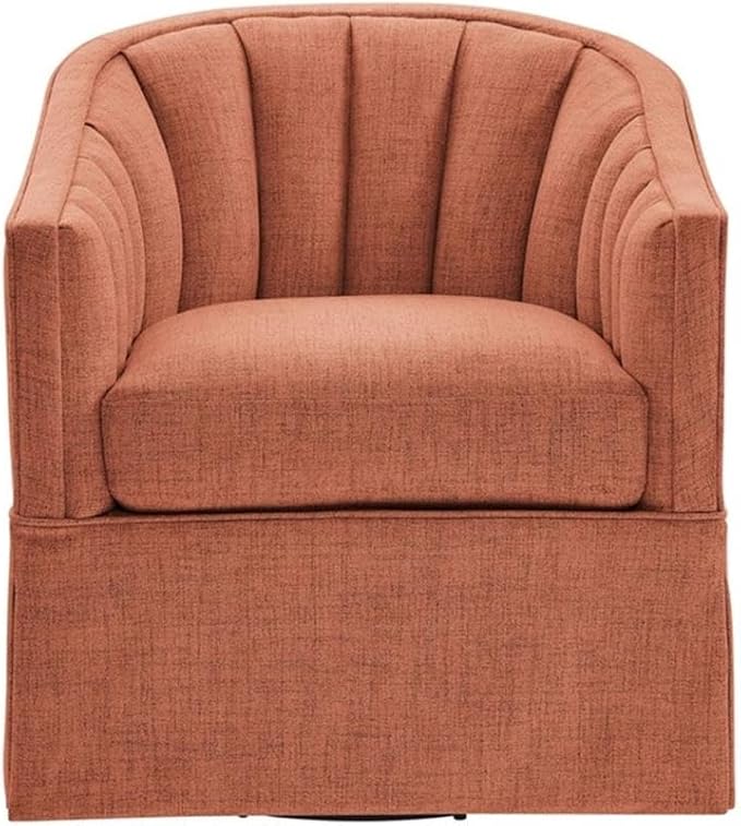 Pemberly Row Coral Polyester Fabric Skirted Swivel Accent Chair Channel-Tufted Back Flared Arms Plush Coil Spring Seat 29.25W x 30.75D x 32H Coastal Style Living Room or Relaxation Space Use