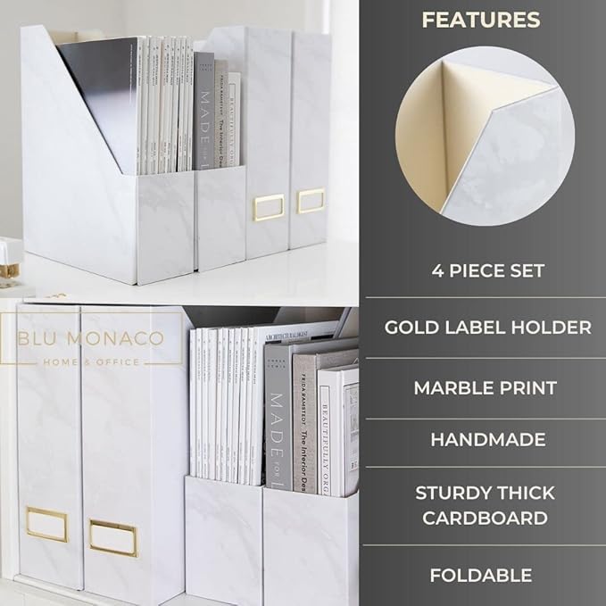 BLU MONACO Set of 4 Magazine Holders | White Marble Design with Gold Label Holders | Foldable File Organizer Boxes for Desk Office &amp Classroom | Stylish Paper &amp Magazine Storage