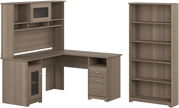Bush Home Cabot 60W L Shaped Computer Desk with Hutch and 5 Shelf Bookcase in Ash Gray