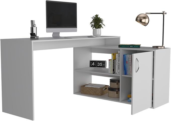 Penau L-Shaped Computer Desk with Open &amp Closed Storage Modern White Design Spacious 59 Inch Surface Perfect for Home Office