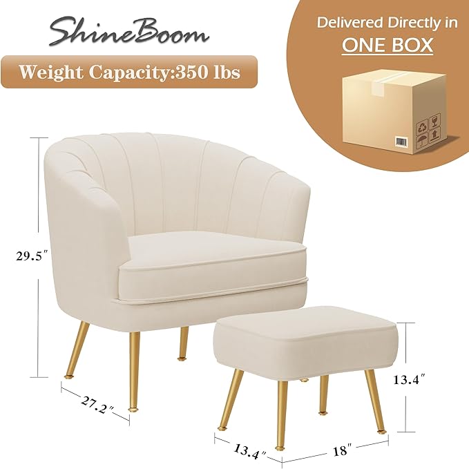 Velvet Accent Chairs with Ottoman for Living Room Bedroom Office Leisure Upholstered Single Sofa Chair Arm Chair Comfy Chair Reading Club Coffee Chair with Metal Legs Beige