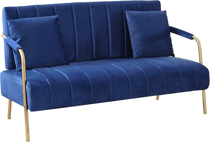 Dolonm 60 Velvet Loveseat Sofa 2 Seater Upholstered Sofa Couch with 2 Pillows Mid Centry Pleated Velvet Sofa with Gold Metal Legs Sofa for Small Space Apartment Office Bedroom