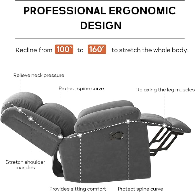 Rocker Recliner Chair for Adults Manual Recliners with Overstuffed Backrest and Armrests Upholstered Rocking Reclining Sofa Chair for Living Room Grey