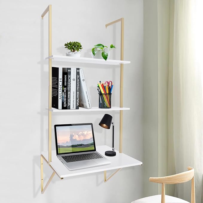 3 Tier Wall Mount Desk 39 Ladder Desk for Small Space Industrial Desk Floating ShelvesComputer Laptop Desk with ShelvesIndustrial Shelf Wall Mount Floating Pipe Table with Storage