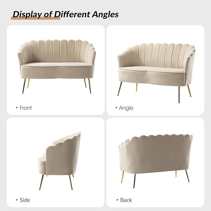 Velvet Upholstered Loveseat Sofa with Gold Metal Legs Modern Comfy Small Love Seat with Flower Shaped Back 2-Seater Sofa Accent Couch for Living Bedroom Leisure Areas