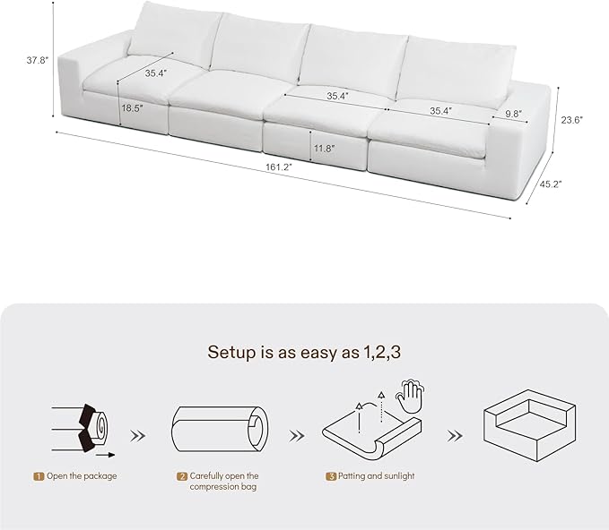 Cloud Couch Sectional Oversized Modular Sofa with 35'' Deep Seat Boneless Couch Comfy Sofa Stain-Resistant White Sectional Couches for Living Room Apartment 4 Seater