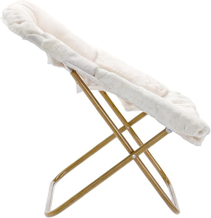 Flash Furniture Archer Saucer Chair with Folding Steel Frame Portable Oversized Saucer Chair for Dorm or Bedroom 28 Ivory Faux Shearling/Soft Gold Frame