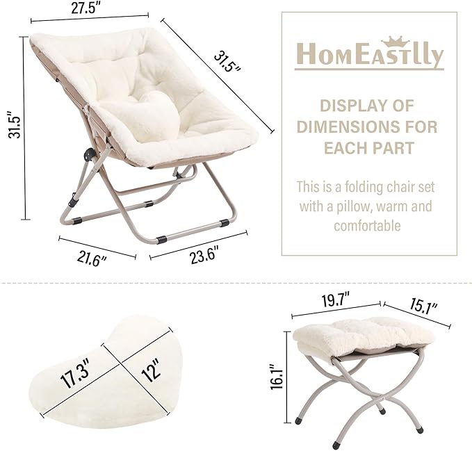 Saucer Chair with Ottoman Comfy Oversized Folding Chair Faux-Fur Reading Chair for Adults Foldable Accent Lazy Chair Metal Frame Chair for Living Room Bedroom Beige