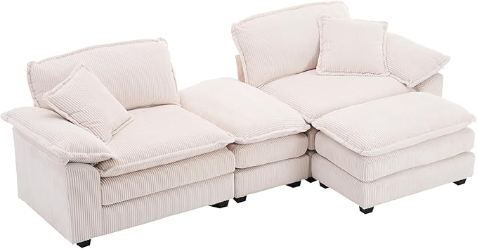 Corduroy Modular Cloud Sofa with Ottoman Comfy 2-Seater Sectional Loveseat Sleeper for Living Room Upholstered Deep Seat Modern Couch &amp 2 Throw Pillows and Detachable Armrest (Off White)