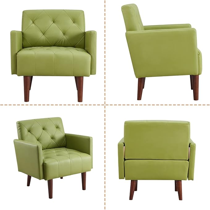 PU Leather Accent Chair Mid Century Modern Armchair for Living Room Reading Tufted Chair Single Sofa High-Density Foam Cushion Solid Wood Legs for Home Bedroom Office Reception(Green)