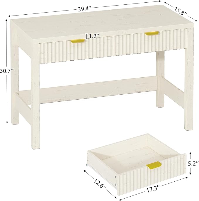 Fluted Computer Desk with 2 Drawers 39 Inch Small Computer Desk with Storage Compact Writing Study Vanity Desk for Small Spaces White