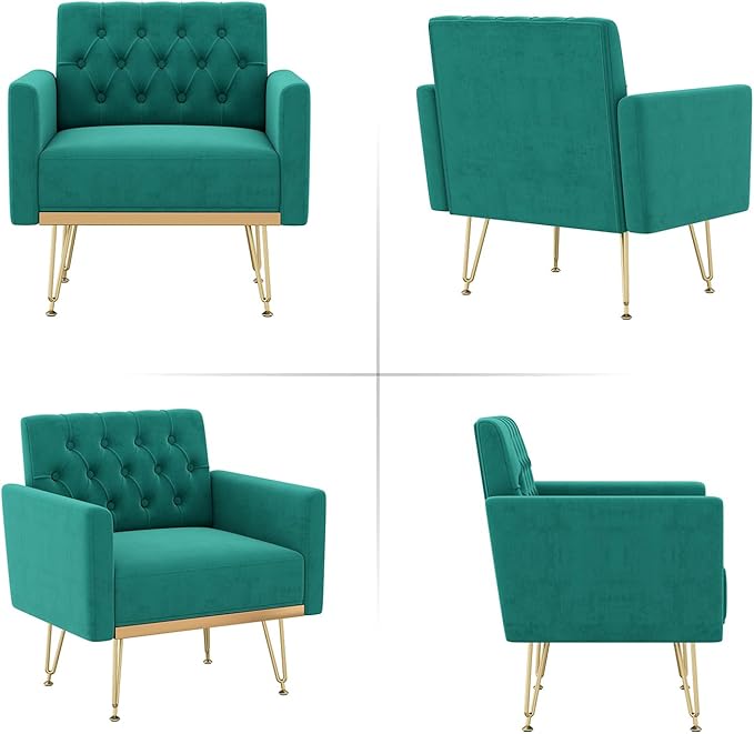 Olela Accent Chair with Arm for Living Room Velvet Modern Armchair Single Sofa Cozy Tufted Upholstered Reading Side Chairs with Gold Metal Leg for Bedroom Decorate