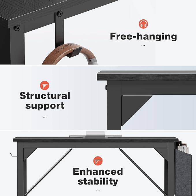 Sweetcrispy Small Computer Office Desk 40 Inch Kids Student Study Writing Work with Storage Bag &amp Headphone Hooks Modern Simple Home Bedroom PC Table - Black