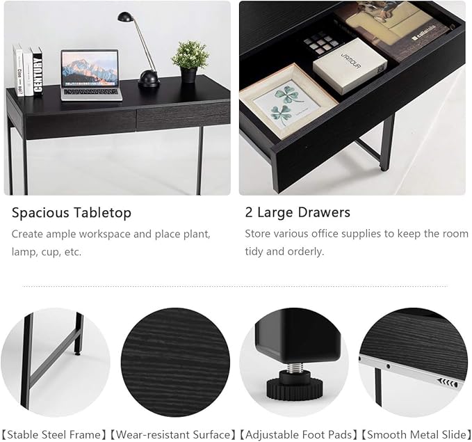 ERGOMASTER Home Office Desk with Drawers Black Modern Wood Desk Laptop Writing Computer Room Work Table for Bedrooms (44) inch