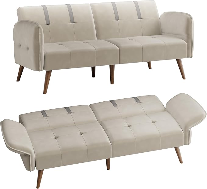Shintenchi Futon Sofa Bed Modern Folding Sleeper Couch Bed for Living RoomVelvet Loveseat Sofa Couch Sofa cama for Apartments Office Small Spacesw/Adjustable Armrests BackrestIvory White