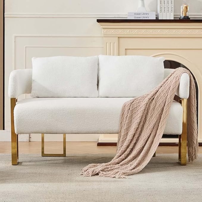 Teddy Fabric Accent Chair Modern Side Chair with Gold Metal Legs 51 Inch Wide Upholstered Loveseat for Living Room Dressing Area Office (White+Gold)