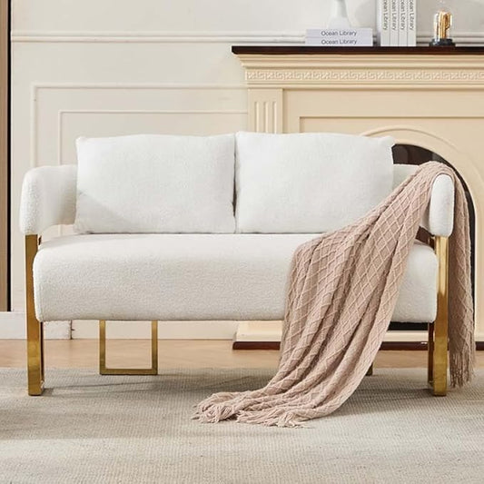 Teddy Fabric Accent Chair Modern Side Chair with Gold Metal Legs 51 Inch Wide Upholstered Loveseat for Living Room Dressing Area Office (White+Gold)