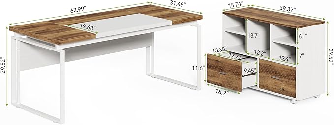 LITTLE TREE 63 L-Shaped Executive Office Desk with Reversible File Cabinet Large Modern Office Desk for Home Office 2-Drawer Wood File Cabinet for Hanging Letter Size Files(Oak Karo &amp White)
