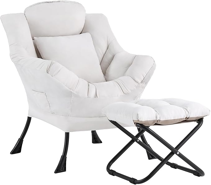 Lazy Chair with Ottoman Modern Accent Leisure Sofa Chair with Footrest Stool &amp Throw Pillow Modern Lounge Chair with Armrests for Living Room Beige