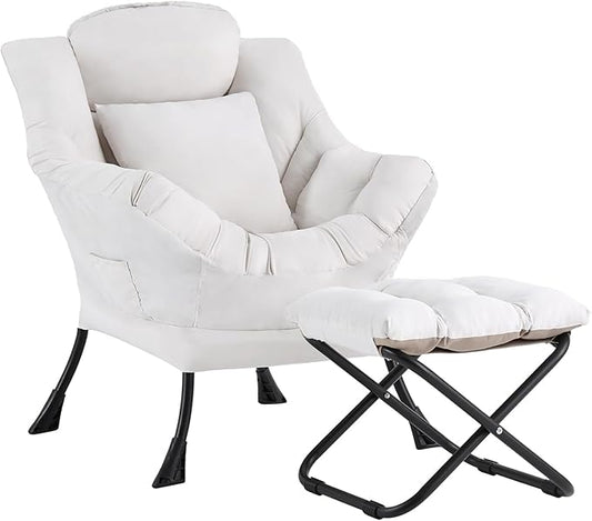Lazy Chair with Ottoman Modern Accent Leisure Sofa Chair with Footrest Stool &amp Throw Pillow Modern Lounge Chair with Armrests for Living Room Beige