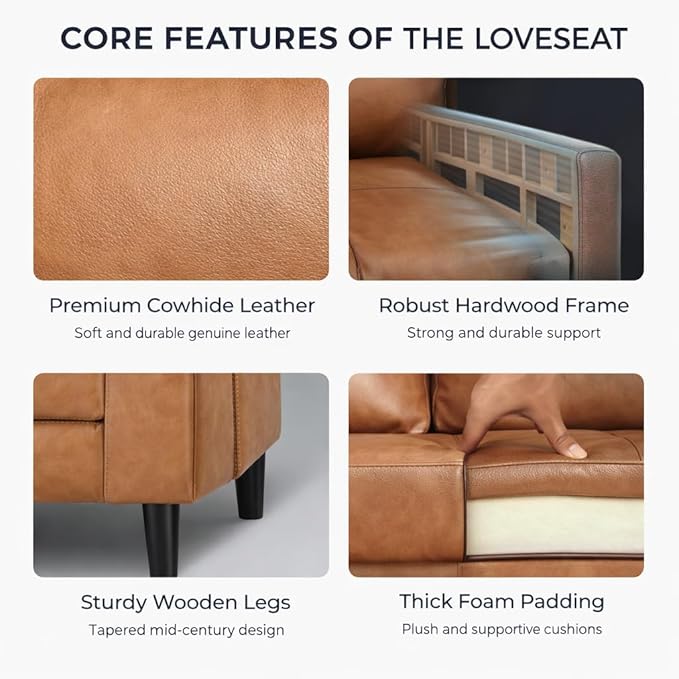 Naomi Home Marisa Mid-Century Modern Genuine Leather Loveseat Sofa – Comfortable 2-Seater Tan Cowhide for Small Spaces &amp Apartment Living – Robust Hardwood Frame