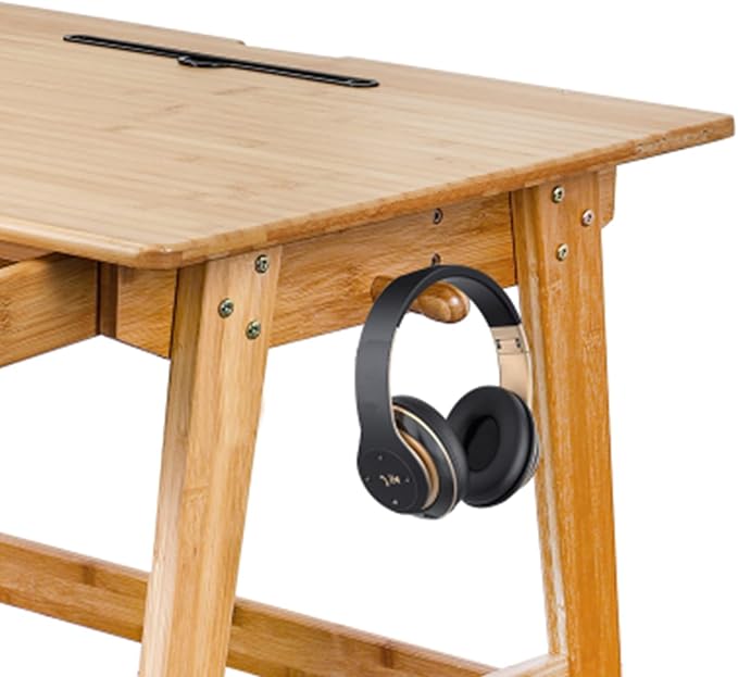 Dicunoy Computer Desk with 2 Drawers 46 Solid Bamboo Home Office Writing Desk for Small Space Compact Simple Tables with Gap Design and Hook for PC Laptop Students Study Makeup Bedroom