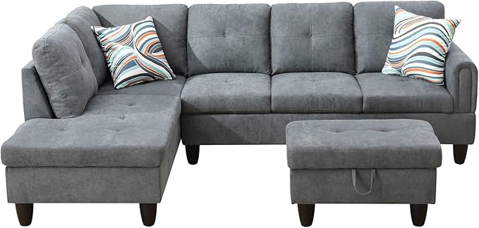 FONTOI L Shaped Sectional Couch with Otttoman 97 Sectional Sofa for Living Room Flannel Modular Couches with Cup Holders for Bedroom Apartments Grey
