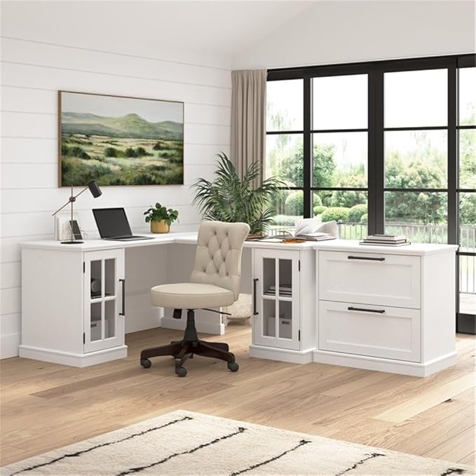 Bush Home Westbrook 60W L Shaped Desk with Hutch and Storage in White Ash Farmhouse Corner Desk for Home Office Workspace