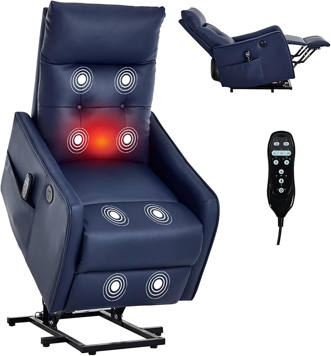 Small Power Lift Chair Recliner for Elderly Petite Power Recliner Chair with Massage and Heat | USB | High Back | Push Button | Side Pockets Liviing Room Easy Assembly (PU Leather Dark Blue)