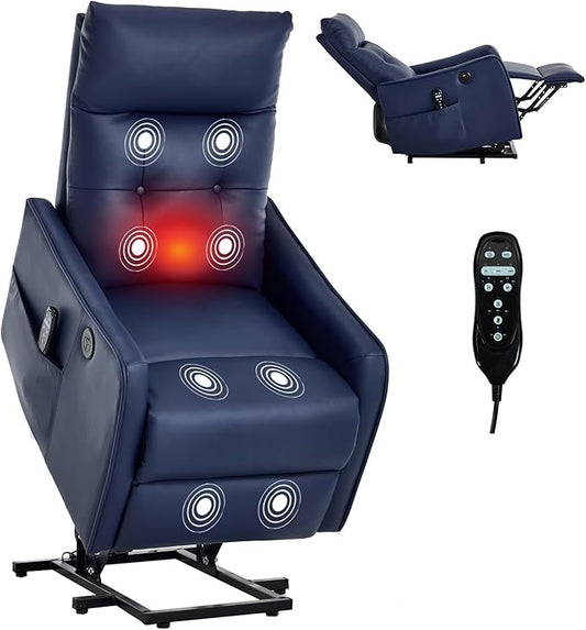 Small Power Lift Chair Recliner for Elderly Petite Power Recliner Chair with Massage and Heat | USB | High Back | Push Button | Side Pockets Liviing Room Easy Assembly (PU Leather Dark Blue)