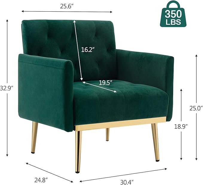 Green Velvet Accent Chairs Set of 2 Comfy Button Tufted Armchair Upholstered Arm Chair Single Sofa Reading Chairs with Arms and Gold Metal Leg for Living Room Bedroom Nursery Office