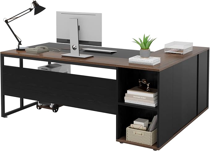 Tribesigns 71 inch Executive Desk L Shaped Desk with Cabinet Storage Executive Office Desk with Shelves Business Furniture Workstation for Home Office Black and Brown