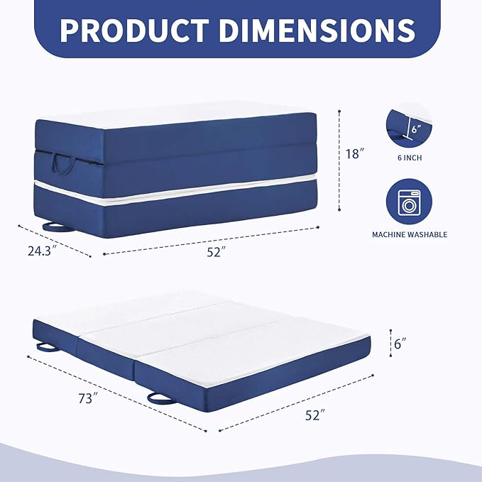 CYMULA Folding Mattress Full Size Memory Foam 6 inch Tri Portable Trifold Mattress Futon Topper Full with Breathable &amp Washable Cover Murphy Bed Guest Bed RV Trips52×73×6