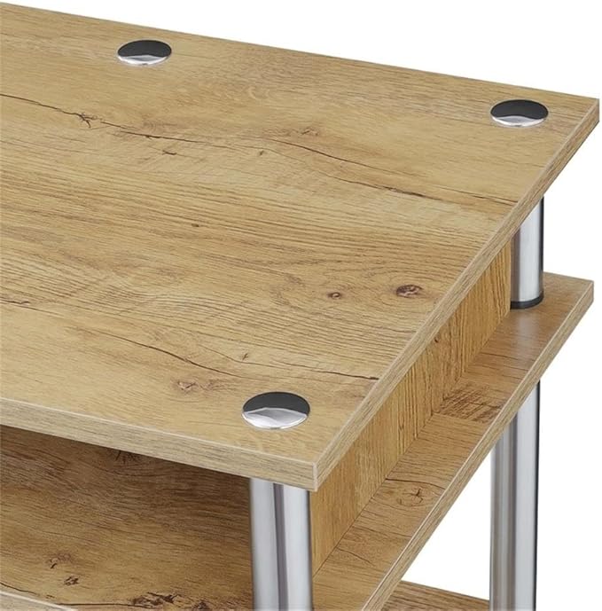 Pemberly Row No Tools Student Desk with Shelves 47.25 x 15.75 x 30 in Light Oak Wood Finish Particleboard Shelves Stainless Steel Legs Modern Home Office or Dorm Desk with Storage
