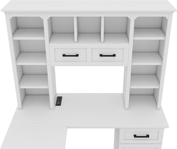 Bellemave L-Shaped Computer Desk with 2 Cabinets and 2 Drawers Home Office Desk with 11 Open Shelves and 1 Right Flip Shelf Corner Desk for Study Living Room and Office (Off White