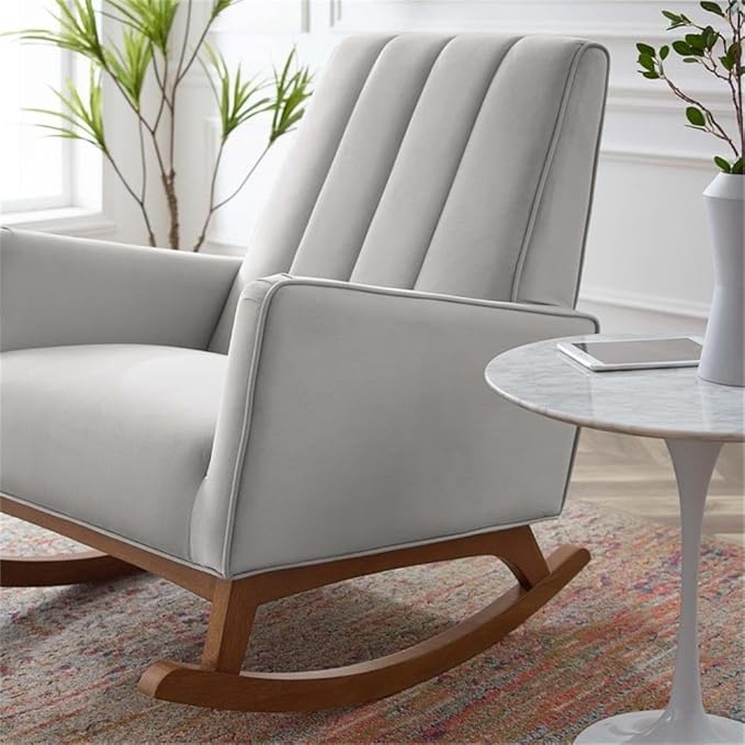 Maklaine Modern Performance Velvet Rocking Chair 36.5H x 27.5W x 39D Light Gray Upholstery Stain-Resistant Fabric Channel Tufting Wooden MDF Base Comfortable Accent Chair for Living Room or