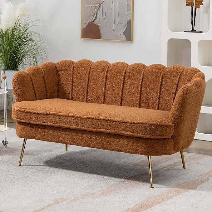59 Wide Loveseat Sofa Boucle Upholstered Small Couch with Petal-Shaped Design Modern Leisure Sofa with Gold Metal Legs Mini Room Couch for Bedroom (Caramel-Boucle)