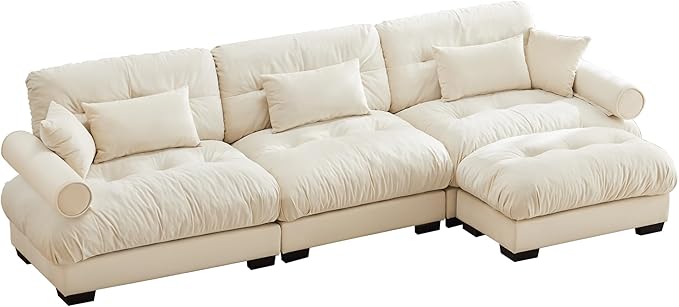L Shaped Sectional Couch130 Modular Cloud Sectional Sofa with OttomanUpholstered Modular Sofa L Shaped Couch for Living Room (Cream)
