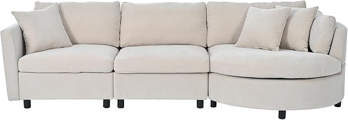 kevinplus 105.5'' Sectional Sofa Couch for Living Room Modern Contemporary 3-Seat Upholstered Sectional Couch Sofa with Curved Seat for Apartment Home Office Chenille Fabric Beige
