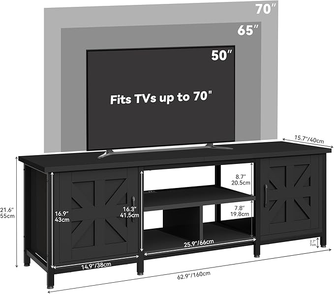 YITAHOME TV Stand with LED Lights &amp Charging Station Farmhouse Entertainment Center with Storage Cabinets &amp Shelves Cross-Pattern Doors Fits TVs up to 70'' TV Consoles for Living Room Bla