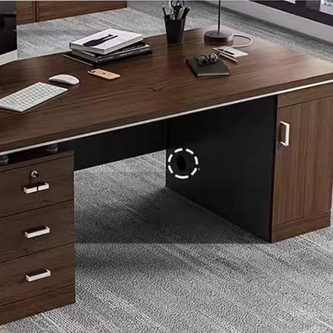 LITFAD Wood Office Computer Desk with Cabinet and Locking Drawer Cord Management Modern Executive Desk Simple Writing Desk for Home Office (Without Chairs) Brown 63 L x 24 W x 30 H