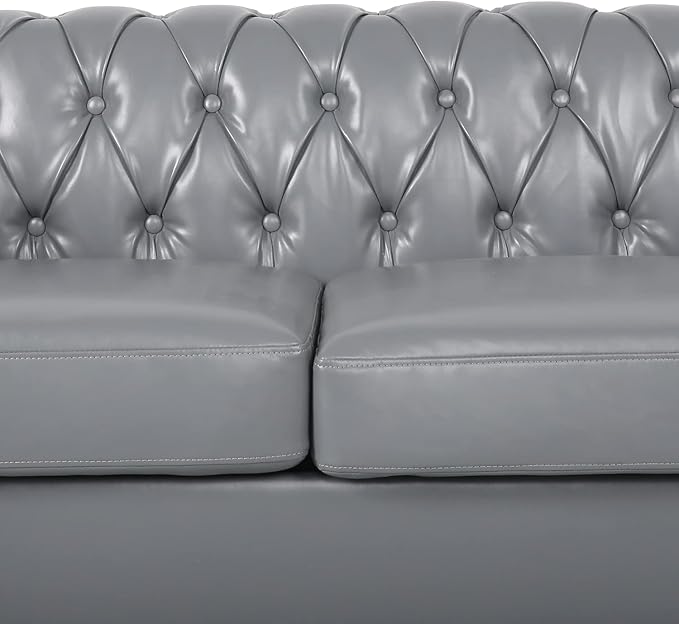RARZOE Modern 2 Pieces Living Room Sofa Set Contemporary Tufted Button Faux Leather Three-Seater Couch and Accent Club Chair with Nailhead Trim Scroll Arms for Home Furniture Grey