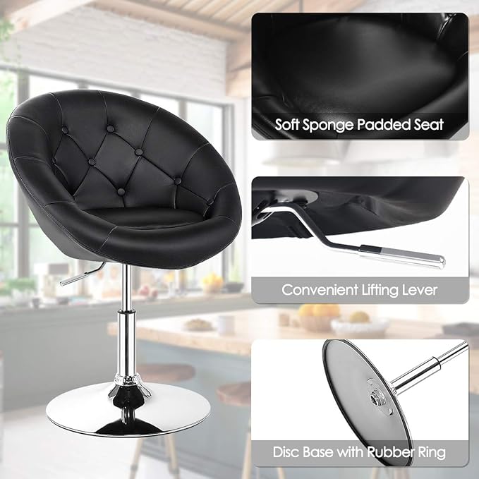 COSTWAY Vanity Chair Contemporary Height Adjustable Makeup Chair with Chrome Frame Tufted Round-Back Modern Swivel Accent Chair for Lounge Pub Bar Black