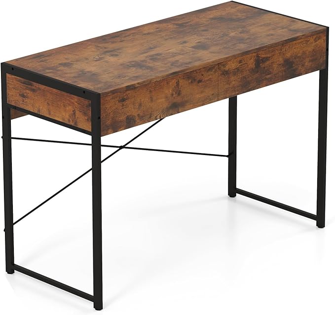 LDAILY Computer Desk with 2 Drawers 44 Inch Home Office Desk with Sturdy Steel Frame &amp X-Bracket Support Spacious Study Writing Workstation Table for Bedroom or Small Spaces (Rustic Brown)