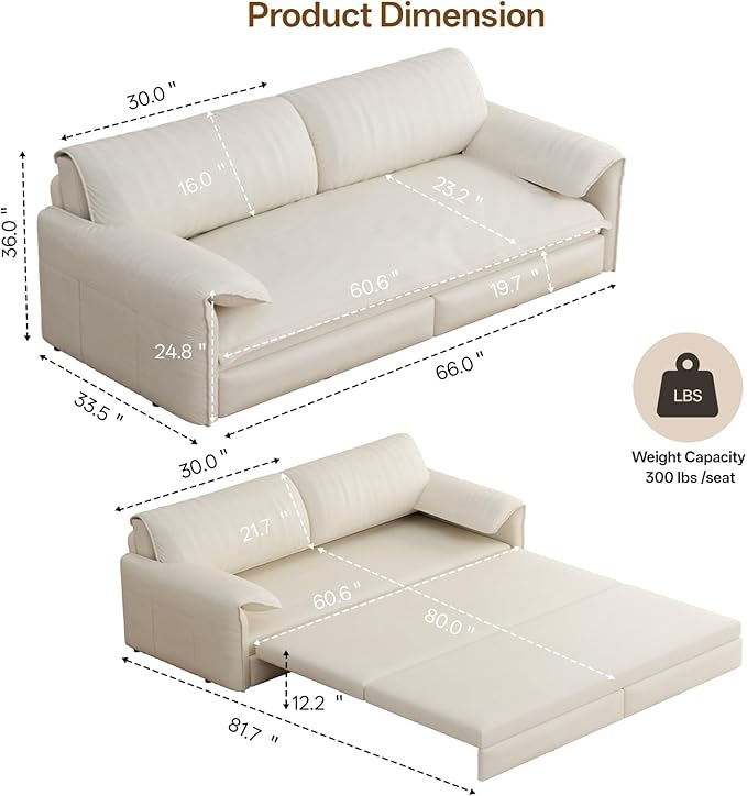 66 Queen Pull Out Couch BedVelvet 3-in-1 Queen-Size Sleeper SofaConvertible Pull-Out Sofa Bed with Side PocketsSleeper Loveseat for Living RoomApartment Offices (Beige)