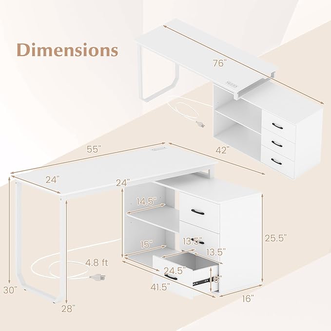 Tangkula 55 Reversible L Shaped Desk with 3 Drawers Home Office Desk with Adjustable Shelf &amp Power Outlet Study Writing Table Computer Workstation for Small Space Corner Desk (White)
