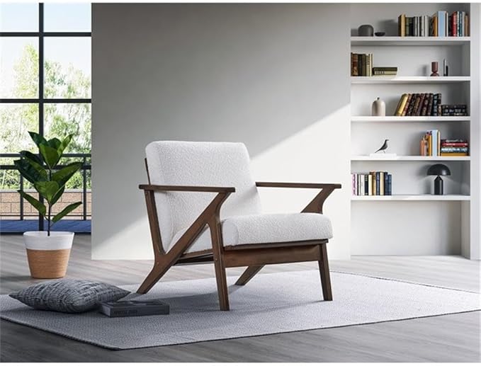 Zola Mid Century Modern Accent Chair Arm Chair: The Perfect Reading Living Room and Bedroom Chairs for Modern Home Furniture Use! Solid Wood Frame White Boucle/Walnut