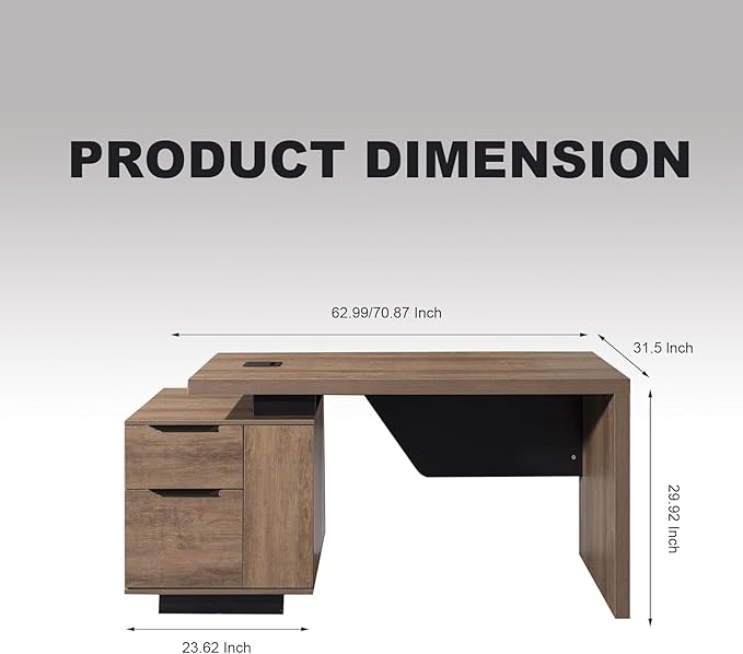 Modern Executive Desk Rectangle Office Desk with Storage Cabinet Width Adjustable Standing Desks Stand Under Table Storage Organizer Mahogany