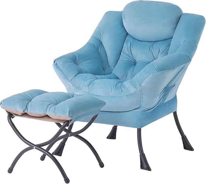 Tiita Lazy Chair with Ottoman Blue Chiars Modern Large Accent Armchair Comfy Leisure Sofa Reading Chair with Footrest for Bedroom Living Room Dorm Rooms Garden Velvet Light Blue